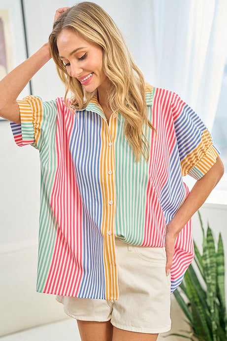 Multi Colored Striped Button Down Collared Short Banded Slv Top