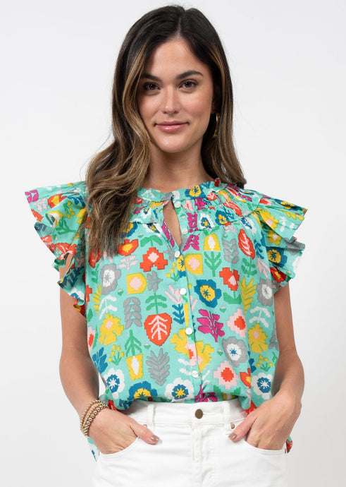 Folklore Ruffled Short Slv Button Down Top