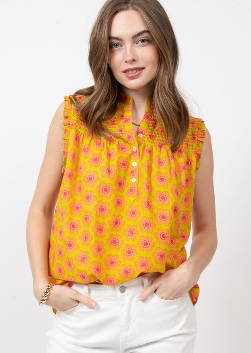 Popping Flowers Slvless Ruffle Top w Ruched Detail
