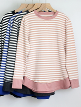 Striped Crew Neck Lt Wt Sweatshirt w Curved Hem T2408KLD