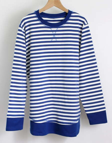 Striped Crew Neck Lt Wt Sweatshirt w Curved Hem T2408KLD