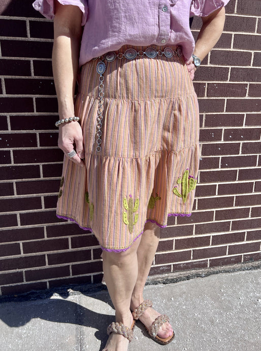 Socorro Pull On Elastic Waist Tiered Knee Length Embroidered Skirt