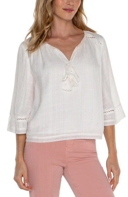 Lace Detail Tie At Neck Woven Top w Elbow Length Slvs