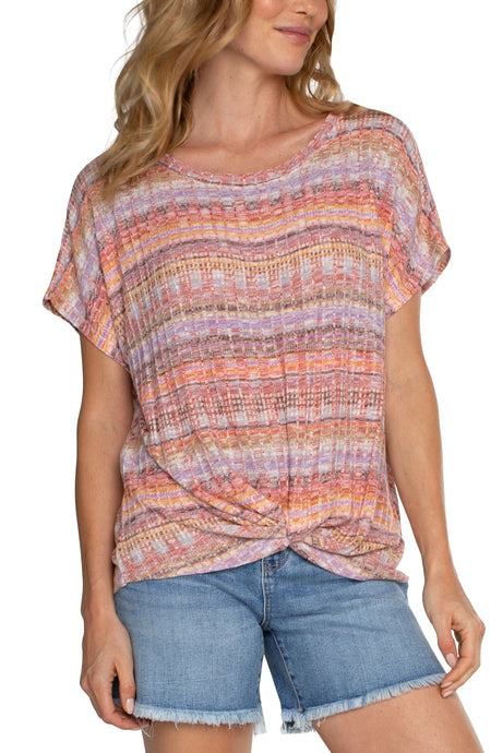 Striped Ribbed Boat Neck Short Dolman Slv Top w Twisted Front Detail