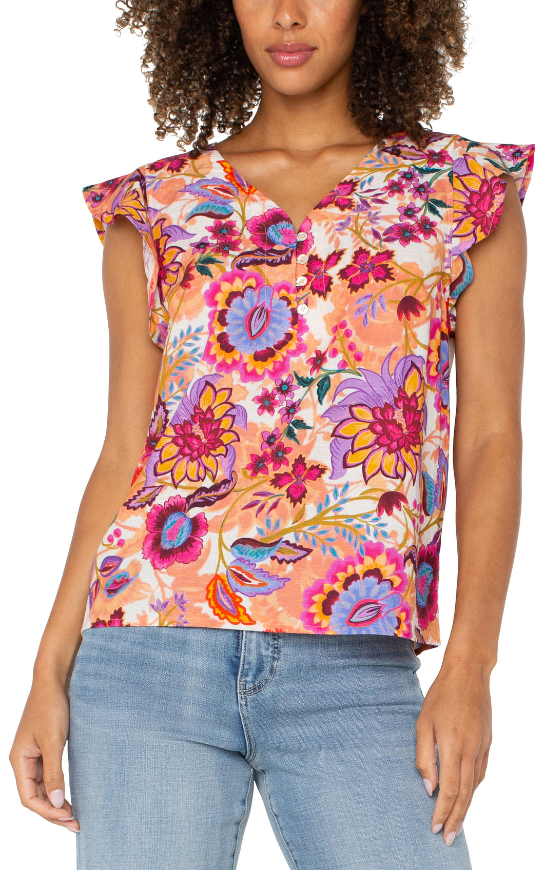 Pull Over V Neck Short Flutter Slv Floral Blouse w Button Detail LM8E88P07