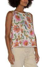 High Neck Button Back Floral Slvless Woven Top w Fray Hem