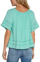 Short Cropped Bell Slv Woven Top w Lace Trim w Elastic Neckline