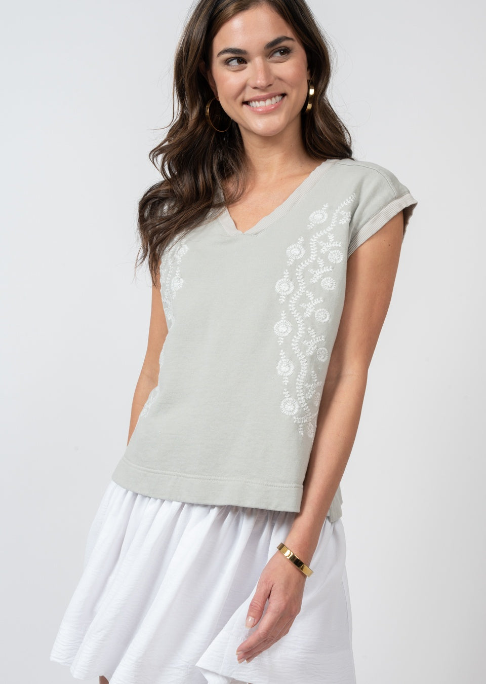 Ivy Jane Vine Embroidered Knit Popover Top w Front & Back V Neck w Capped Slvs