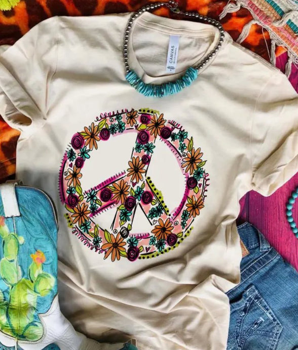 Peace Sign w Flowers Short Slv Graphic Tee
