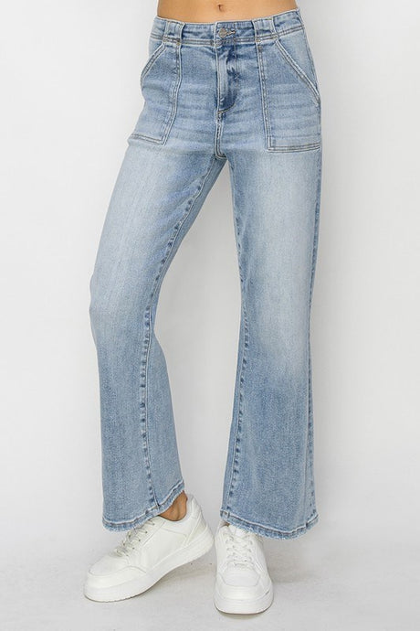 High Rise Patch Pocket Ankle Flare Jeans