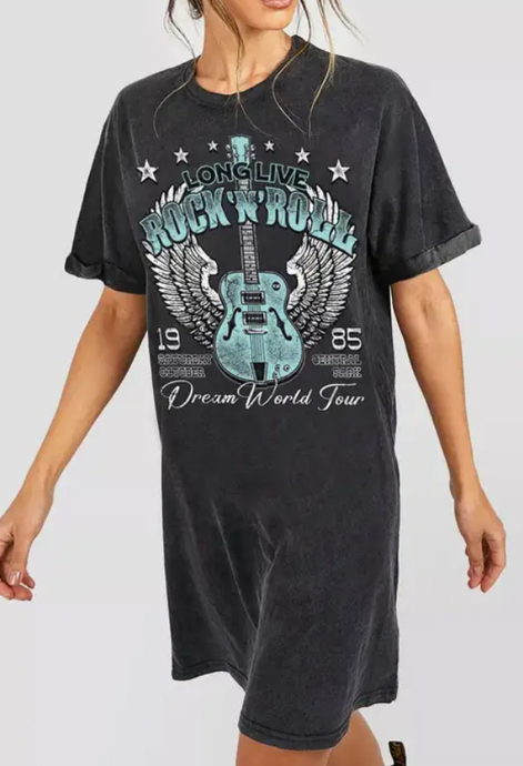 Long Live Rock N Roll Mineral Washed Graphic Dress