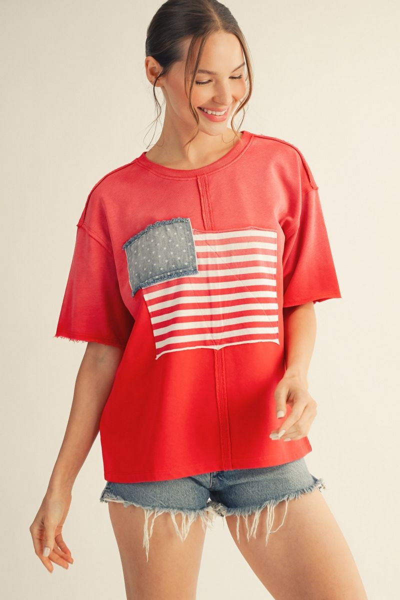Washed Fabric Short Slv American Flag Patch Top w Reverse Hem Detail R7154