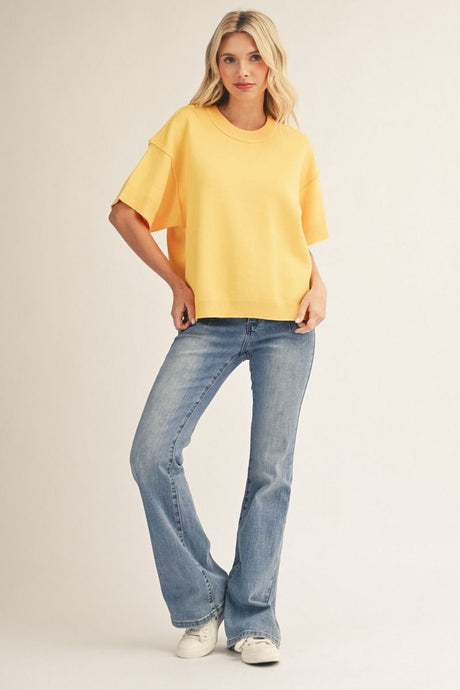 Drop Shoulder Crew Neck Comfy Sweater Top w Reverse Raw Edge Detail G14922