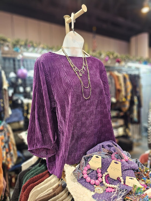 Crinkle Raised Pattern Velvet Top w Back Tie at Neckline T45358TM