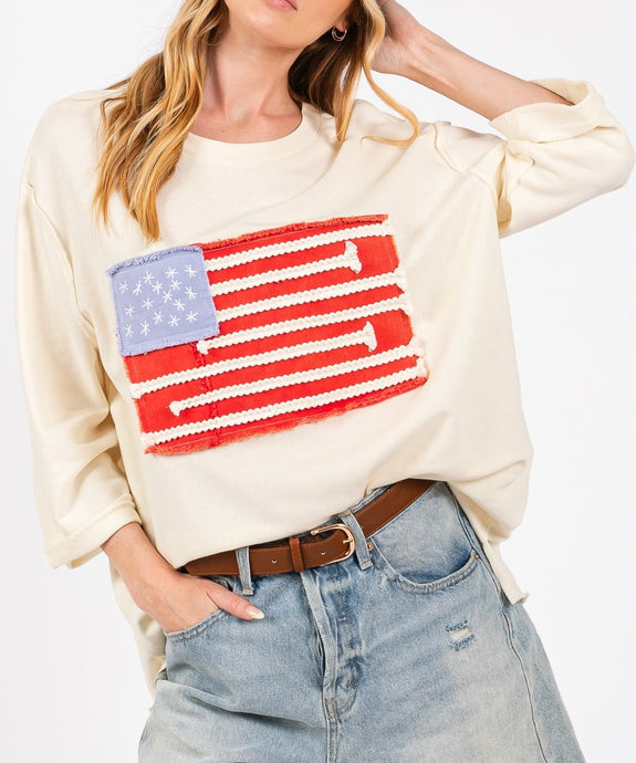 American Flag Patch Short Slv Relaxed Loose Fit Top