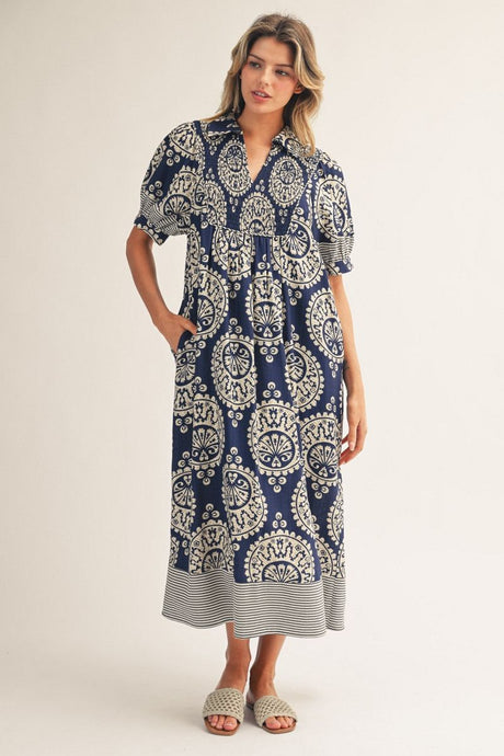 Geo Floral Short Puff Slv Midi Dress w Stripe Contrast Detail H50687