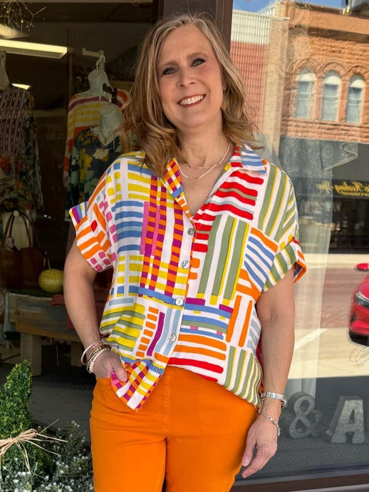 Geo Printed Stripe Button Down Collared Short Rolled Cap Slv Shirt T25473BM