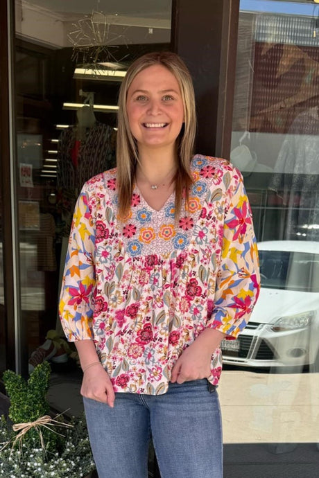Mixed Print Pop Over 3 Qtr Slv Floral Blouse w Embroidered Detail T25394BM