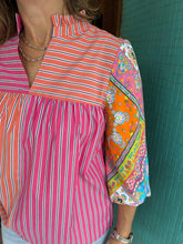 Mixed Print & Stripe Popover 3 Qtr Slv Top w Cut Out V Ruffle Neck T25356BM
