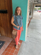 INDI Collared Lt Wt Denim Slvless Ruffled Snap Shirt