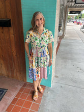 Floral Patchwork Tiered Short Slv Collared Dress w Belt 25156