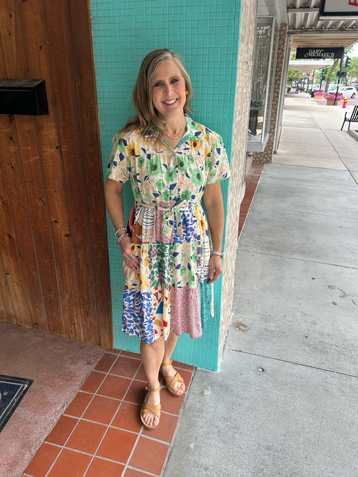 Floral Patchwork Tiered Short Slv Collared Dress w Belt 25156