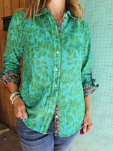 Printed Collared Button Down Shirt w Floral Drawstring 3 Qtr Slvs T35214BM