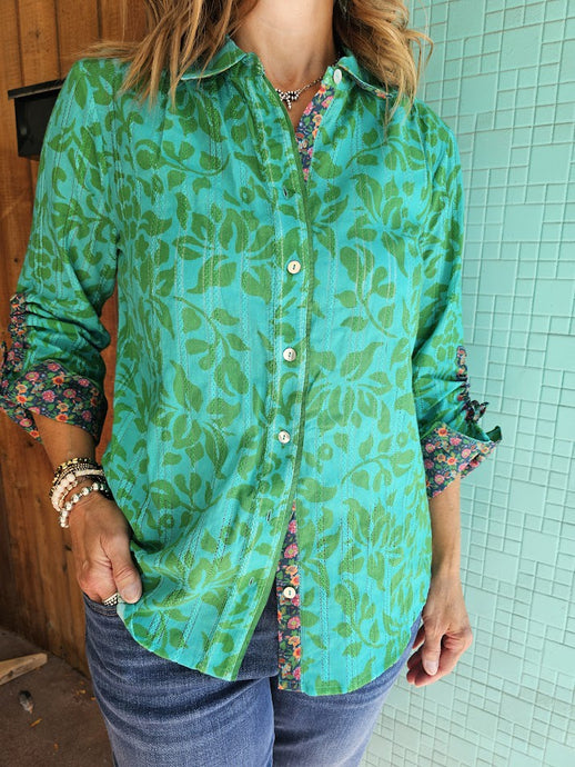 Printed Collared Button Down Shirt w Floral Drawstring 3 Qtr Slvs T35214BM