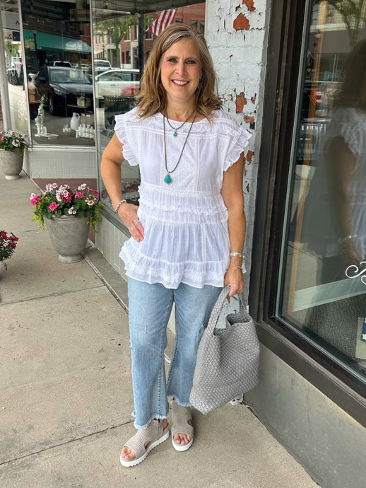 Mixed Patchwork Tiered Short Ruffled Slv Top T25359BM
