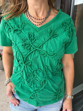 Soutache Braided Trim V Neck Mineral Wash T Shirt T25361TM