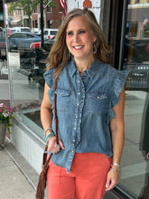 INDI Collared Lt Wt Denim Slvless Ruffled Snap Shirt
