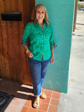 Printed Collared Button Down Shirt w Floral Drawstring 3 Qtr Slvs T35214BM