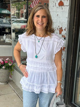Mixed Patchwork Tiered Short Ruffled Slv Top T25359BM
