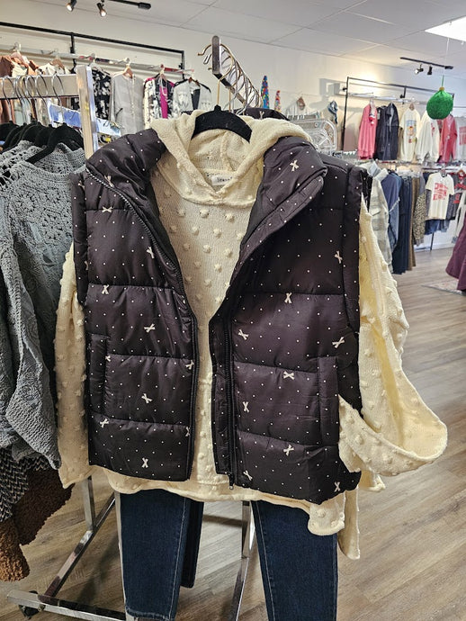 Polka Dot and Bow Pattern Zip Up Puffer Vest CR2722