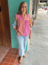 Mixed Print & Stripe Popover 3 Qtr Slv Top w Cut Out V Ruffle Neck T25356BM