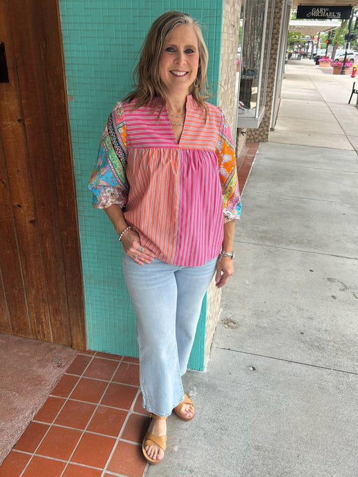 Mixed Print & Stripe Popover 3 Qtr Slv Top w Cut Out V Ruffle Neck T25356BM