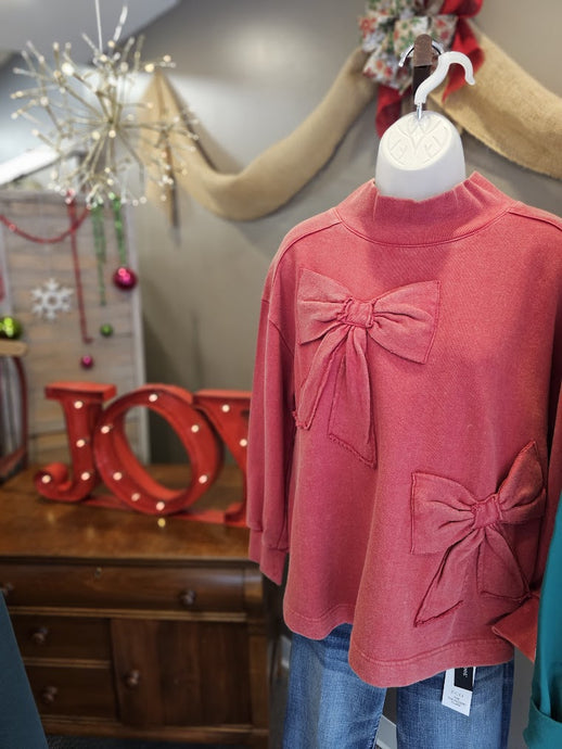 Bow Applique Mock Neck Long Slv Knit Top T45349TM