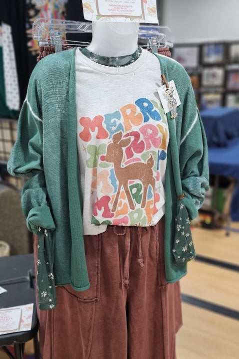 Button Down Acid Washed Reverse Print Lt Wt Cardigan T35470KM