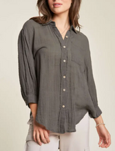 Garment Dyed Fringe Placket 3 Qtr Puff Slv Button Down Relaxed Fit Shirt