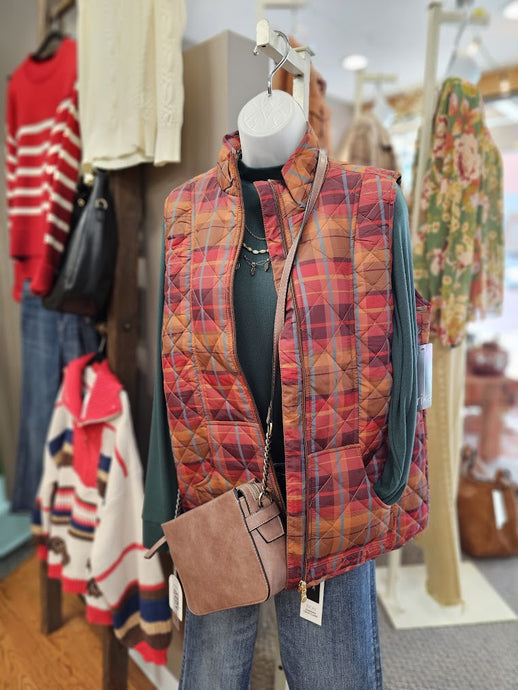 Cassie Quilted Zip Up Plaid Vest w Pockets EM5093