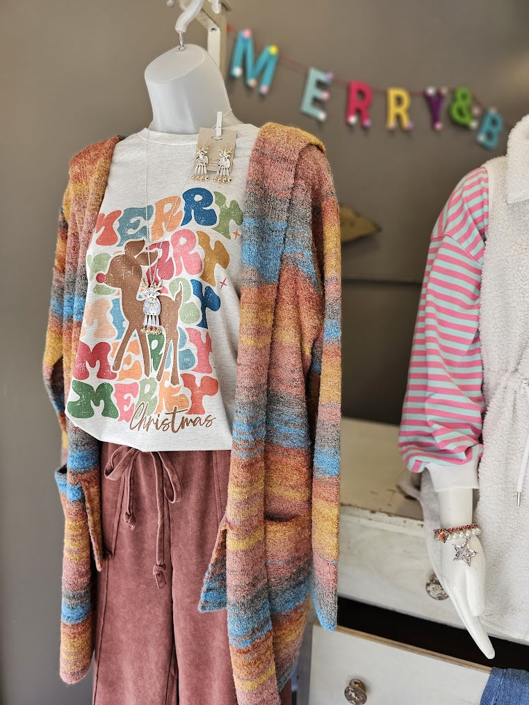 Rainbow Striped Long Cardigan Sweater w Hood & Front Pockets F714