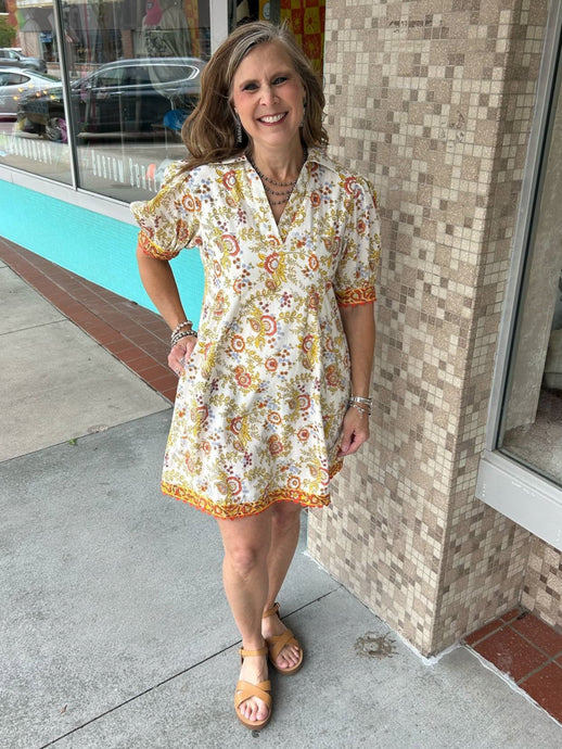 Border Block Print Short Slv Collared Midi Shift Dress 75691