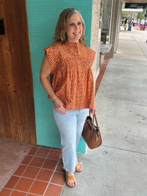 Days of Flowers Short Rolled Cap Slv Popover Top 650393