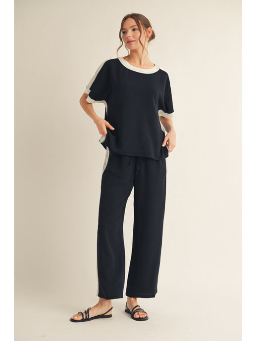 Solid Colored Pull On Elastic Waist Pants w Side Stripe Detail w Split Hem G14475