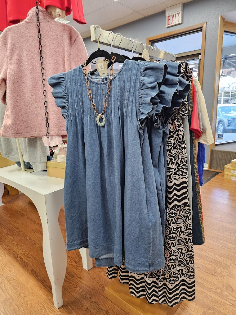 Denim Short Flutter Slv Dress w Pleated Chest Detail B14200