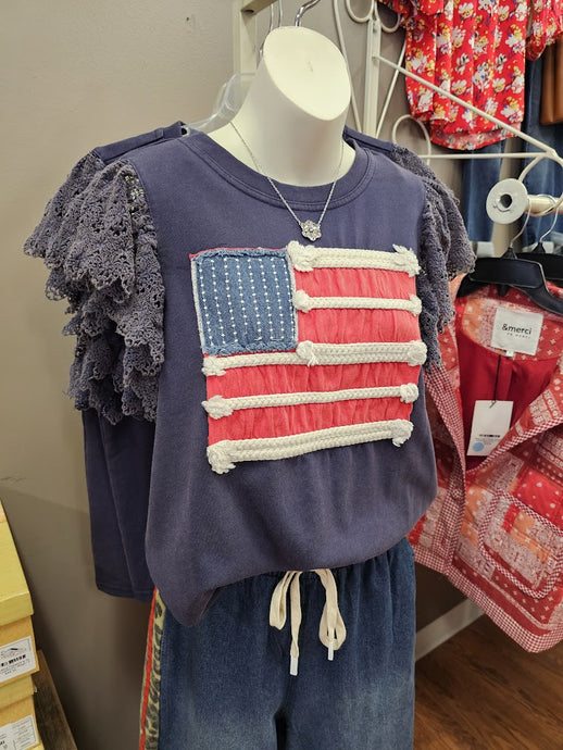 Waist Length Short Eyelet Flutter Slv Knit Flag Top R7167
