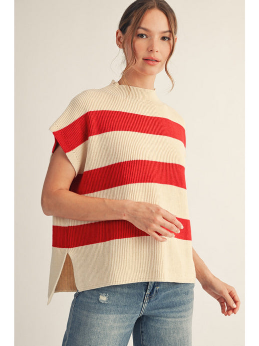 Striped Short Capped Shoulder Slv Mock Neck Ribbed Sweater H12120