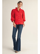 Raised Pattern 3 Qtr Puff Slv Button Down Top w Ruffled V Neckline H12376