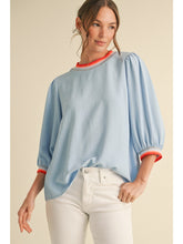 Solid Drop Shoulder Top w Puff Elbow Length Slvs w Striped Band Detail G13172