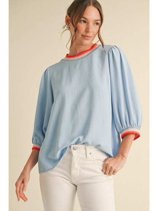 Solid Drop Shoulder Top w Puff Elbow Length Slvs w Striped Band Detail G13172